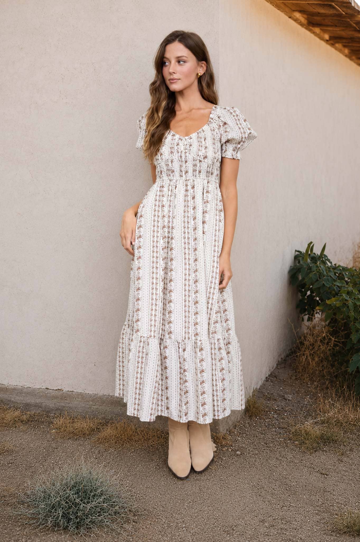 Blu Pepper - Floral Stripe Puff Sleeve Ruffled Midi Dress view 4