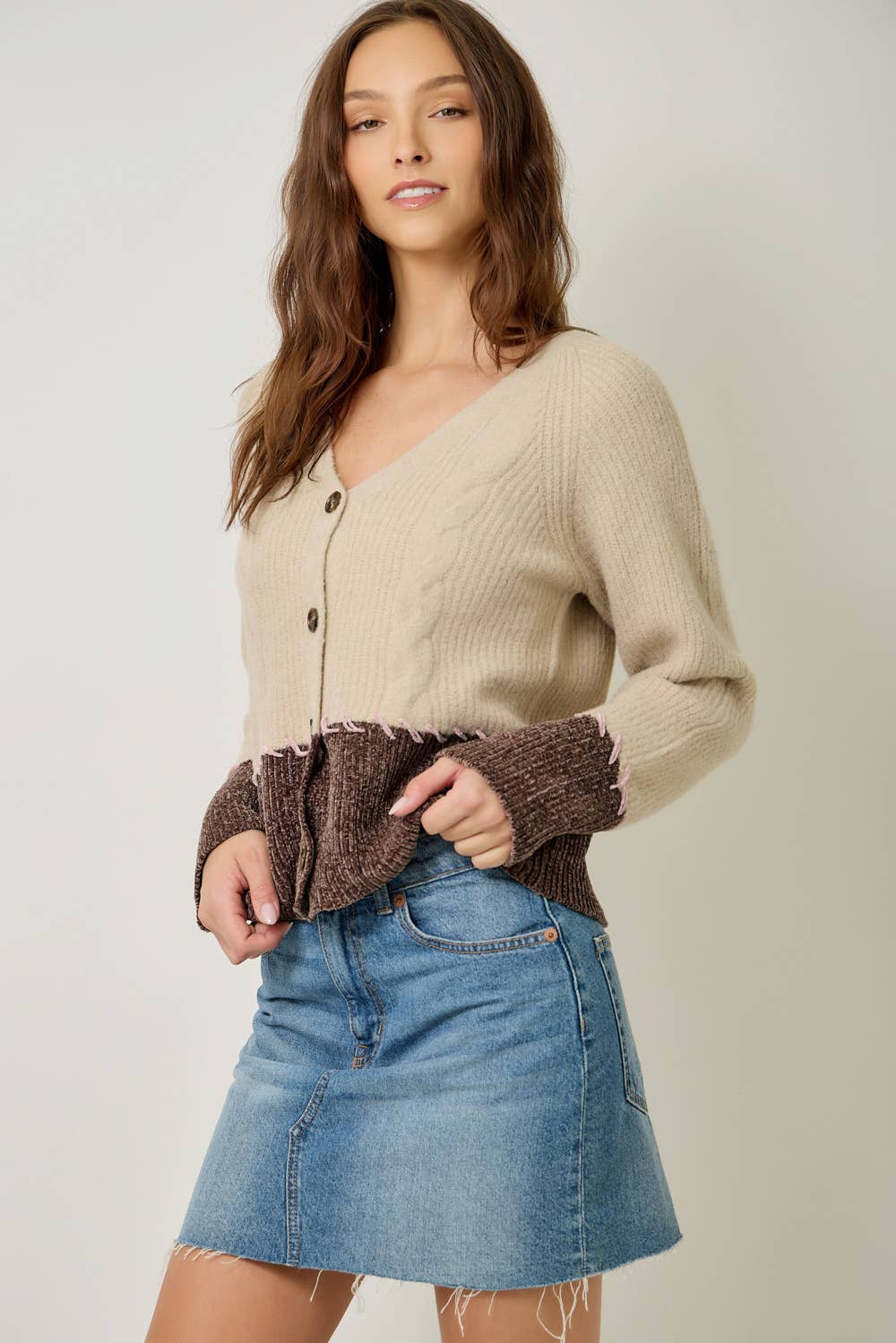 Mystree Whip-Stitch Cardigan - Oatmeal/Chocolate view 5