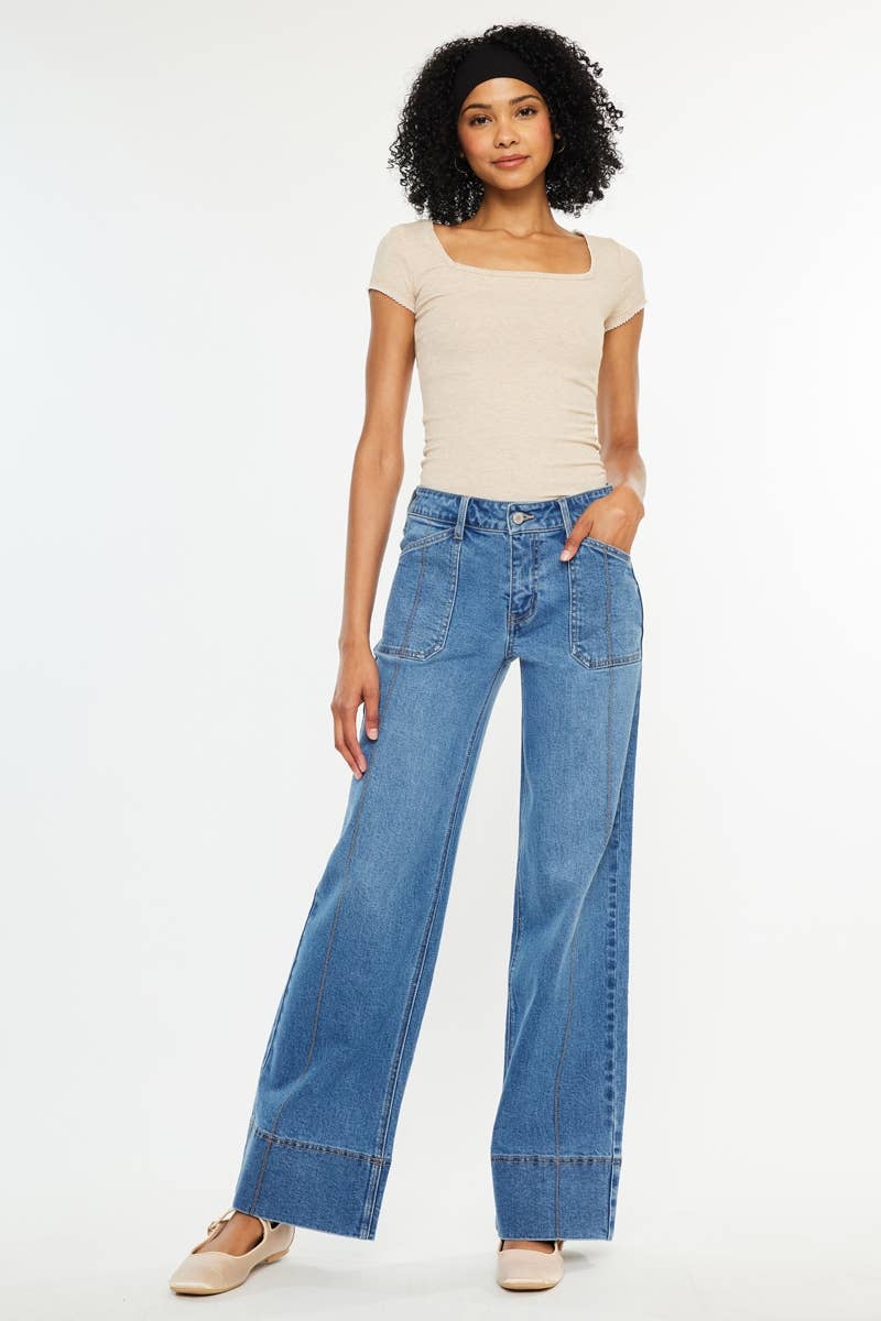 Kan Can USA Women's Wide Leg Jeans - Mid Rise Stretch Denim - Med Dark