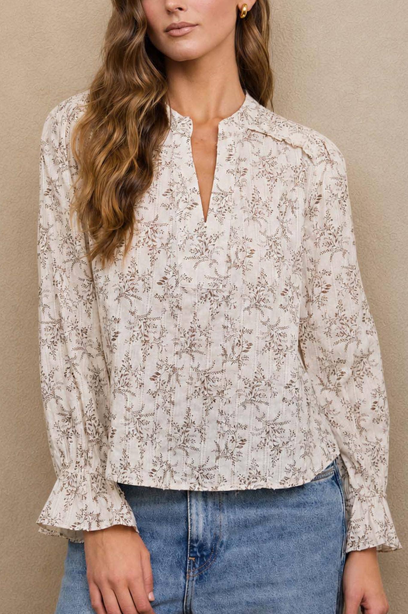 Blu Pepper - Floral Leaf Print Split Neck Long Sleeve Blouse