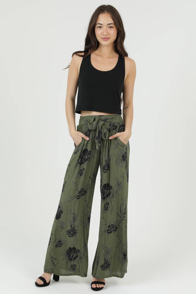 Angie Tie Waist Wide Leg Printed Pants