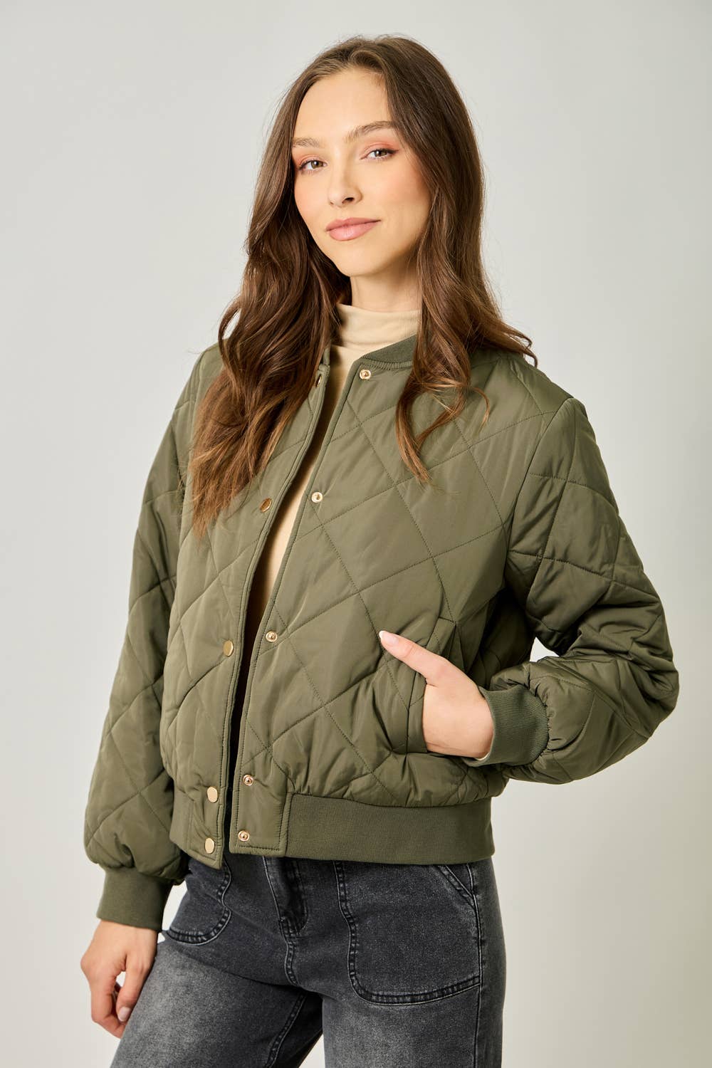 Mystree Olive Quilted Bomber Jacket view 4
