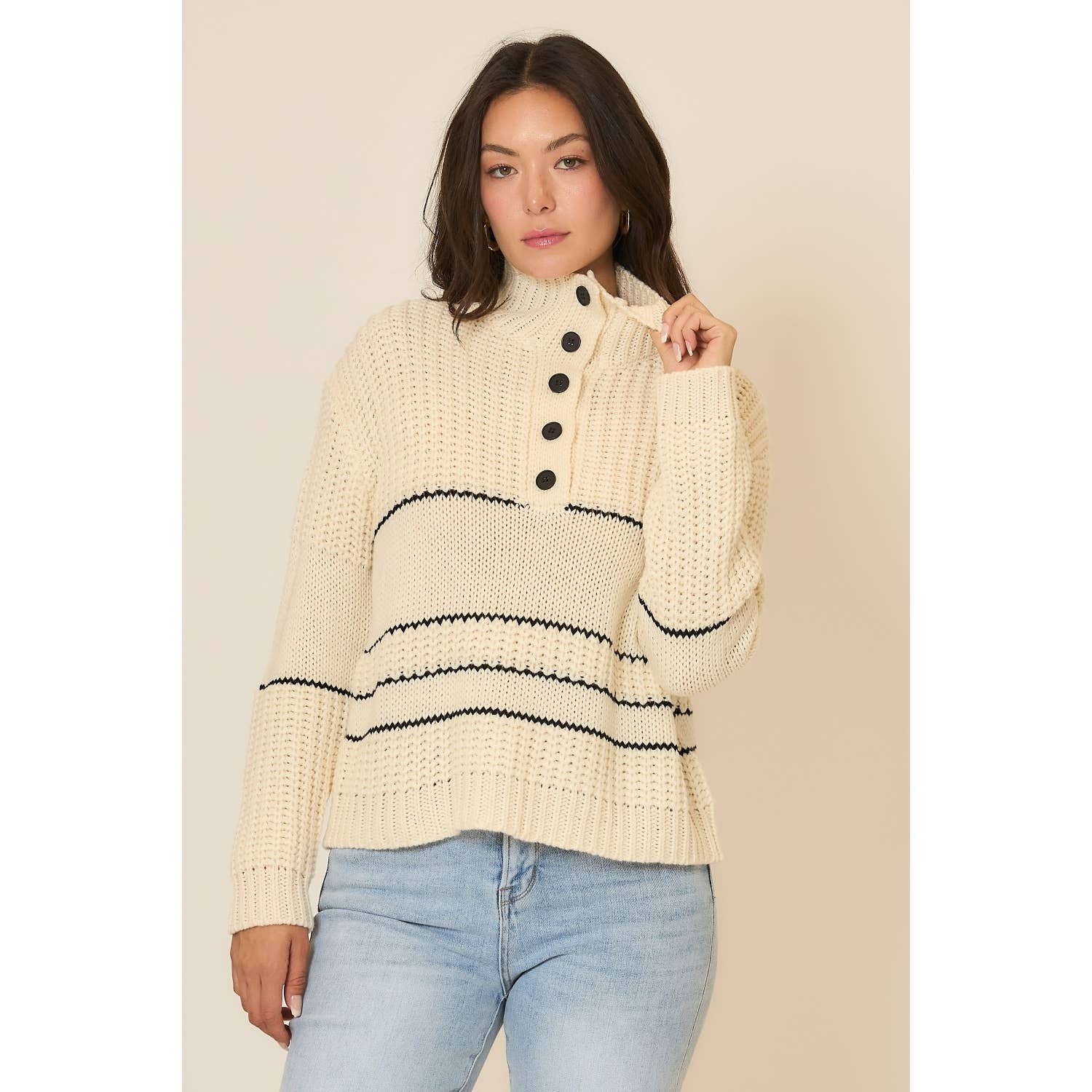 Button Up Knit Sweater with Contrast Stripes view 7