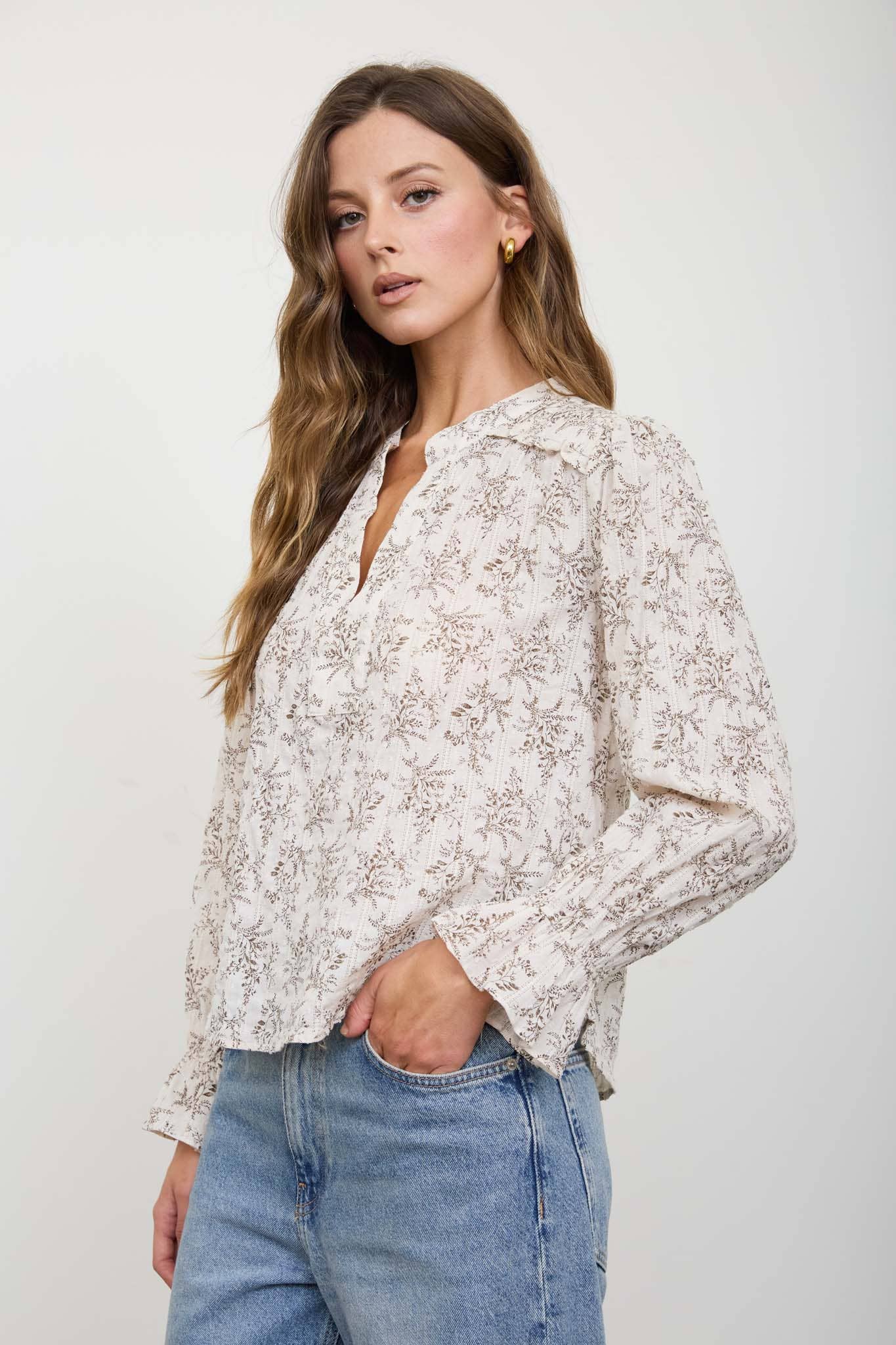 Blu Pepper - Floral Leaf Print Split Neck Long Sleeve Blouse view 3