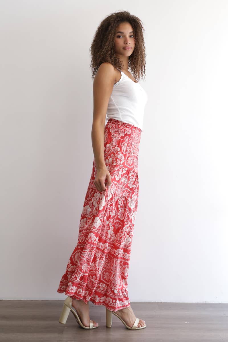 Angie Printed Tiered A-Line Maxi Skirt with Smocked Waist view 4