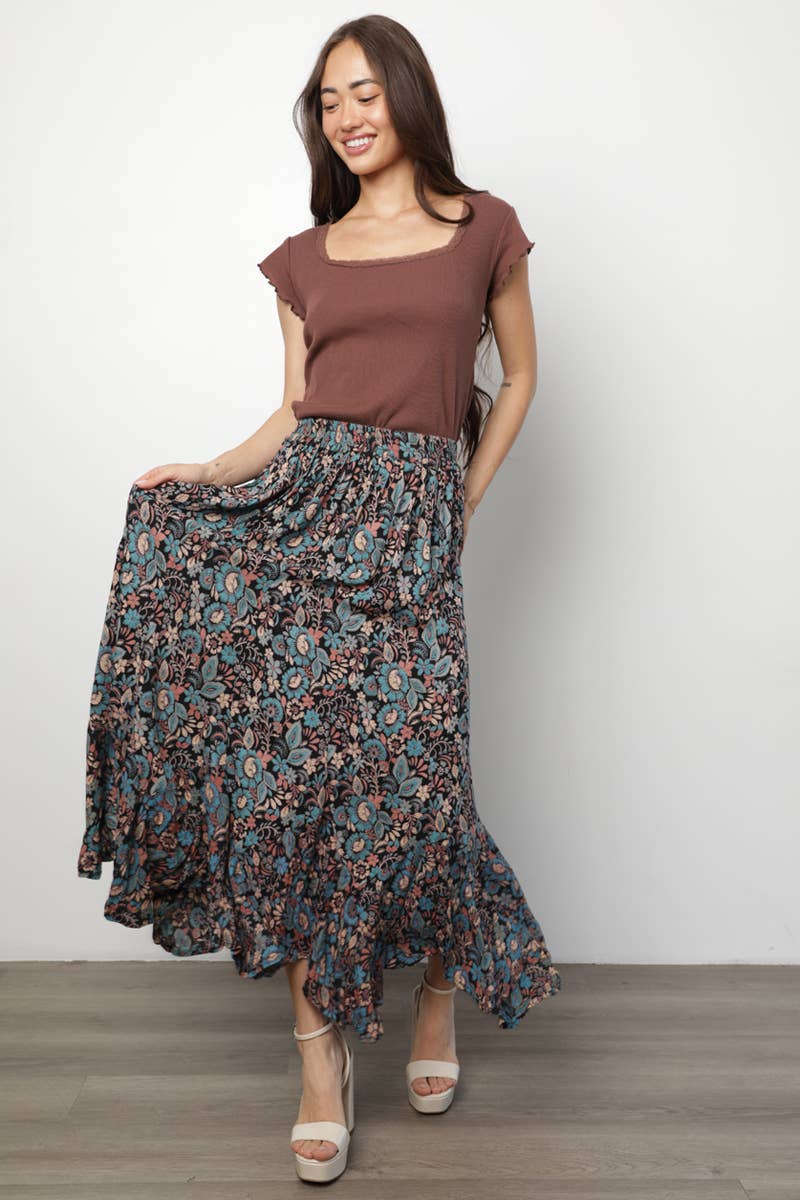 Angie Floral High Waisted Skirt with Ruffles
