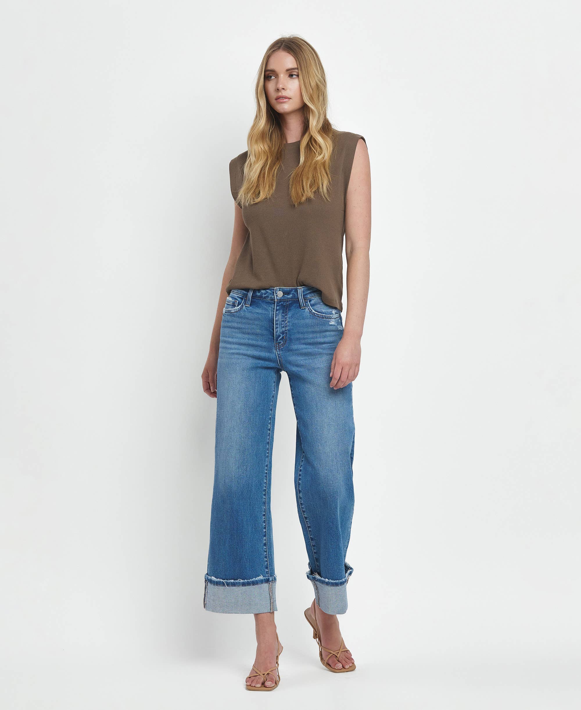 Flying Monkey High Rise Medium Wash Cuffed Wide Jeans view 9