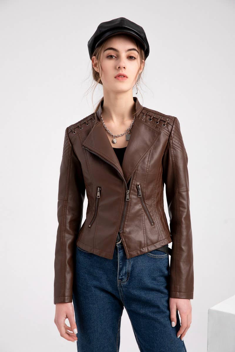 NINEXIS Women's Cropped Slim Fit Moto Leather Jacket view 3