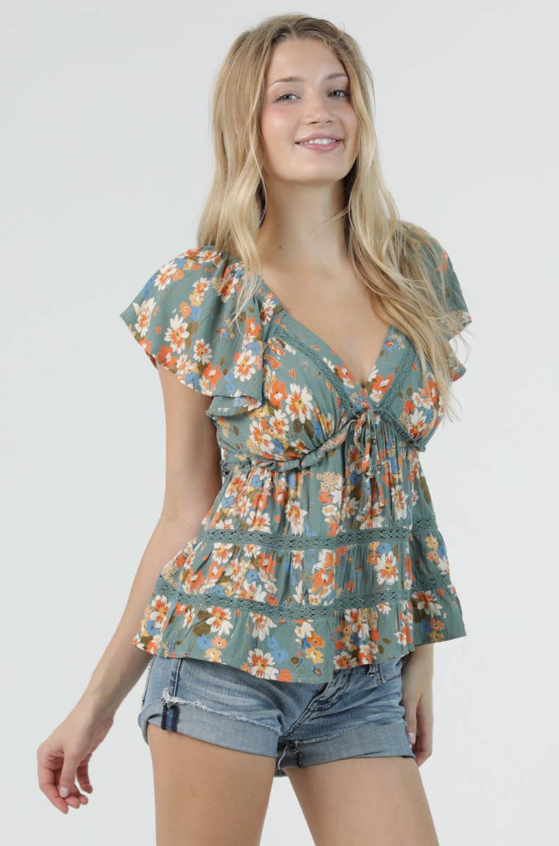 Angie Flutter Sleeve Top with Ruffle Detail and Crochet view 2