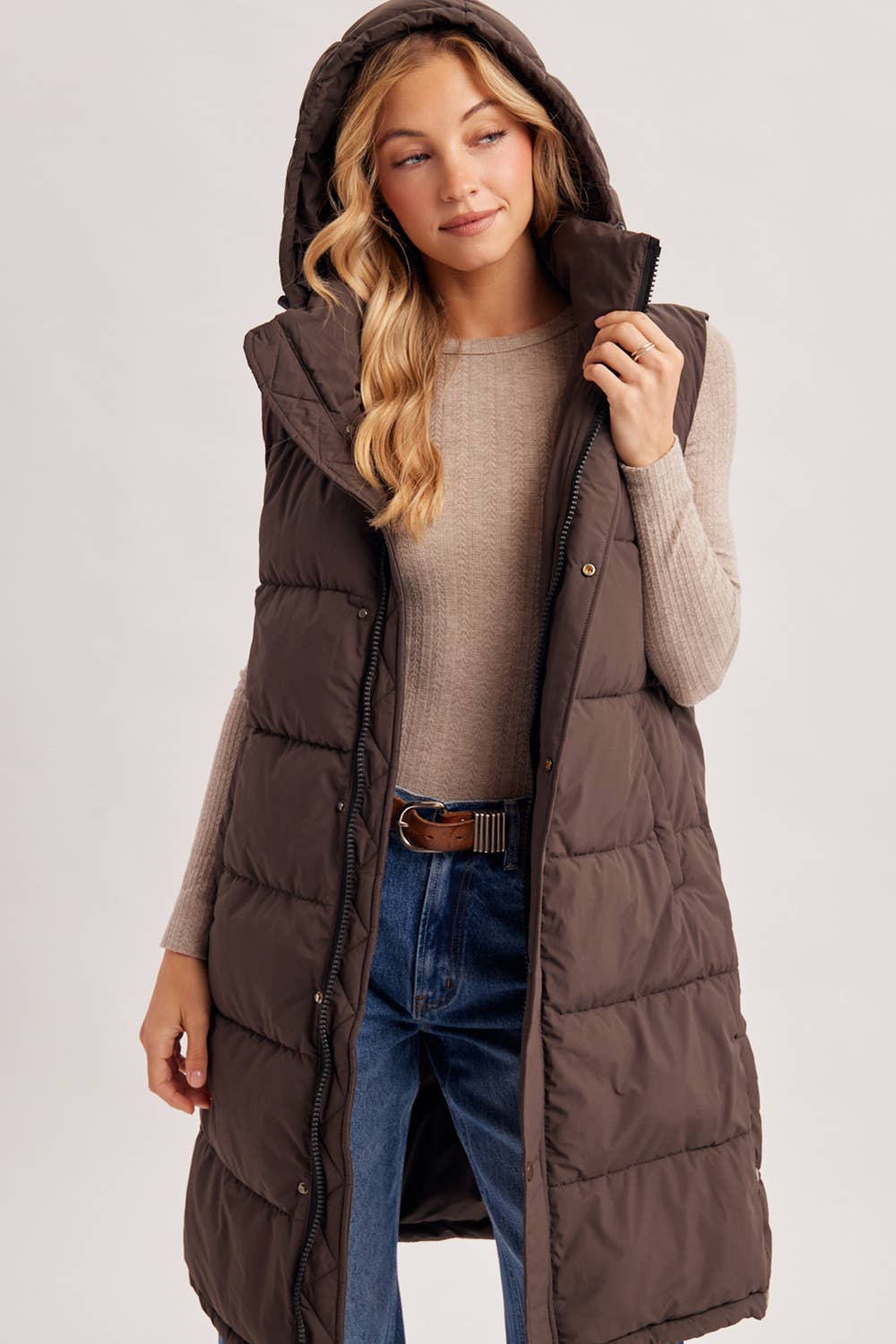 Bluivy Detachable Hood Longline Quilted Puffer Vest