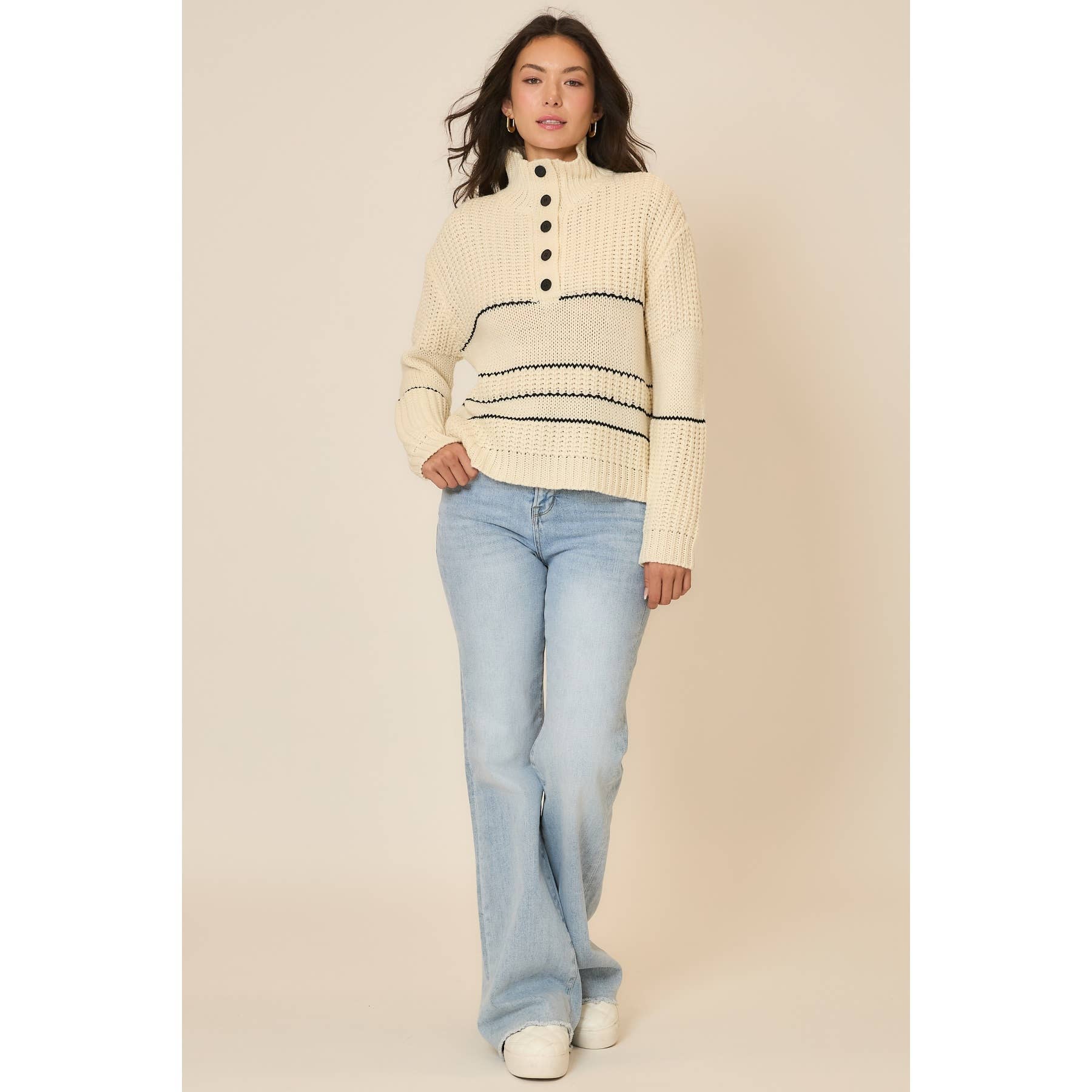 Button Up Knit Sweater with Contrast Stripes view 4