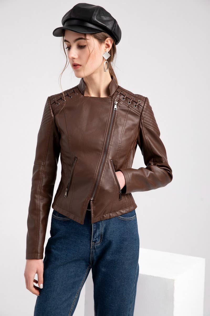 NINEXIS Women's Cropped Slim Fit Moto Leather Jacket view 4