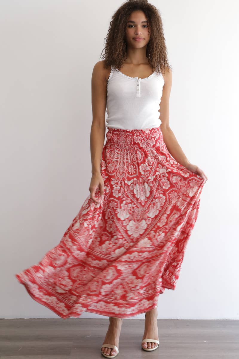 Angie Printed Tiered A-Line Maxi Skirt with Smocked Waist