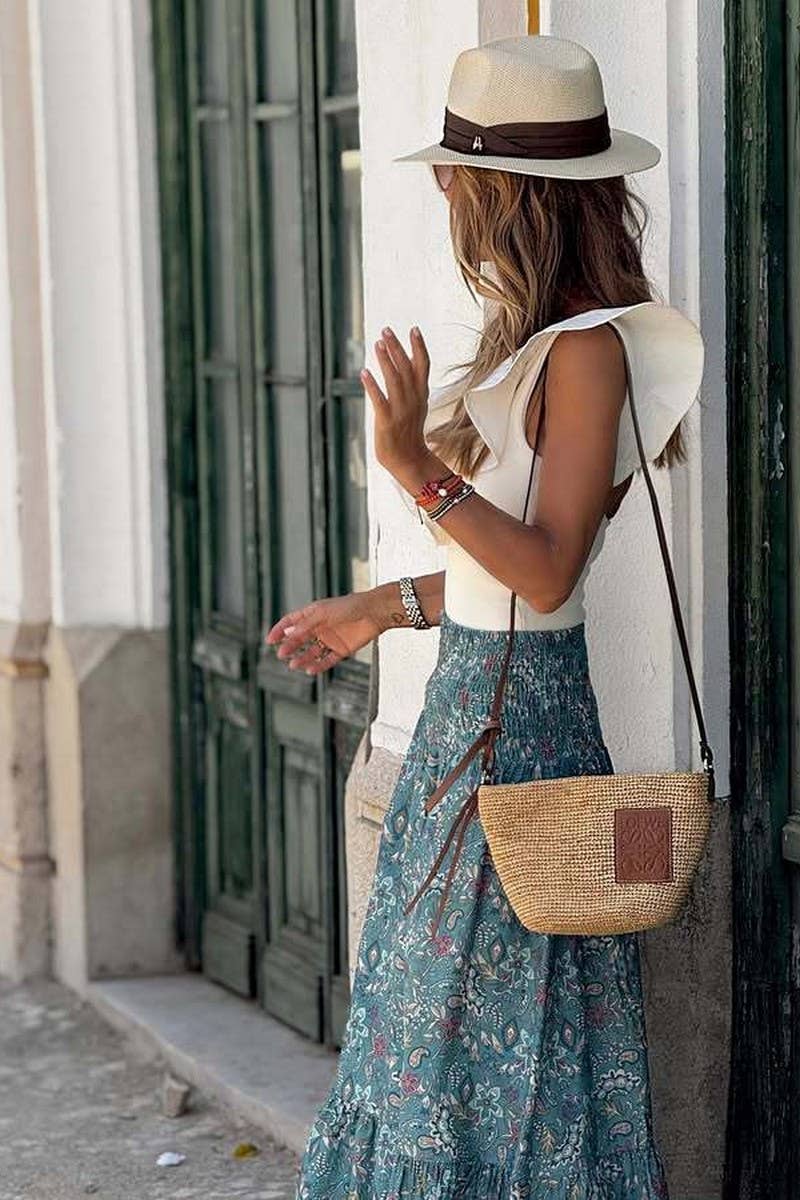 NINEXIS Women's Boho Floral Smocked Waist Maxi Skirt view 5