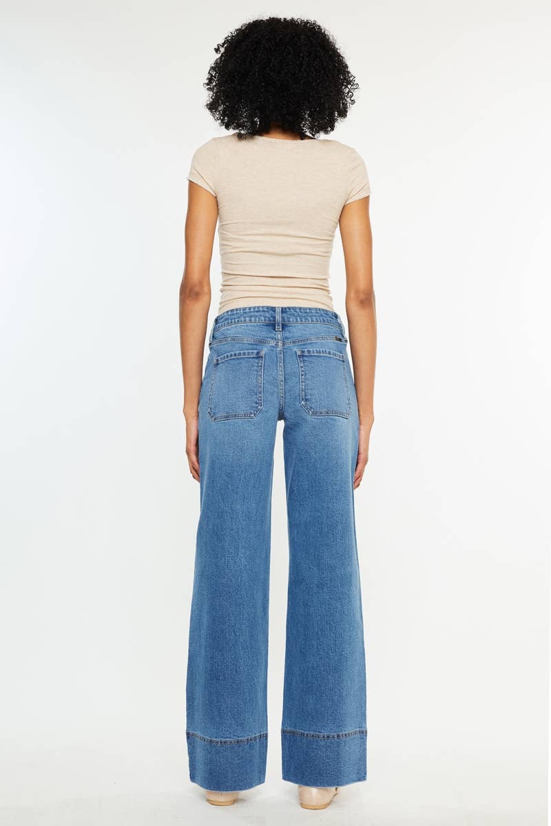 Kan Can USA Women's Wide Leg Jeans - Mid Rise Stretch Denim - Med Dark view 6