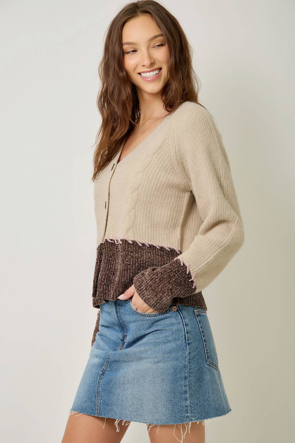 Mystree Whip-Stitch Cardigan - Oatmeal/Chocolate view 3