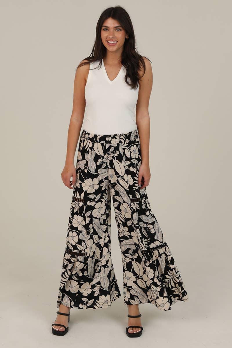 Angie Printed Wide Leg Pants with Lace Inserts