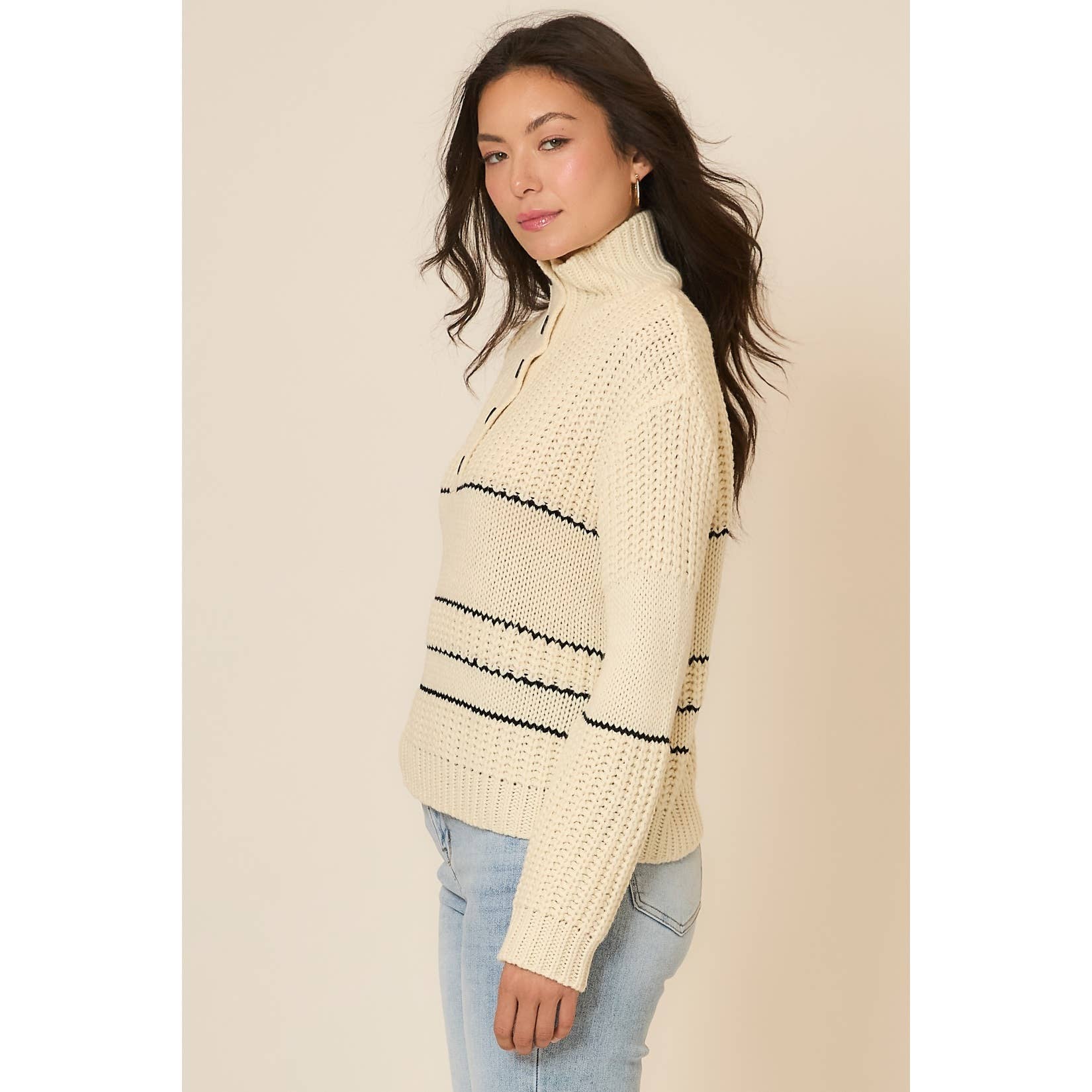Button Up Knit Sweater with Contrast Stripes view 5