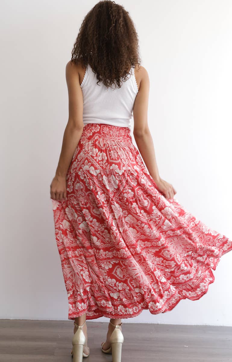 Angie Printed Tiered A-Line Maxi Skirt with Smocked Waist view 5