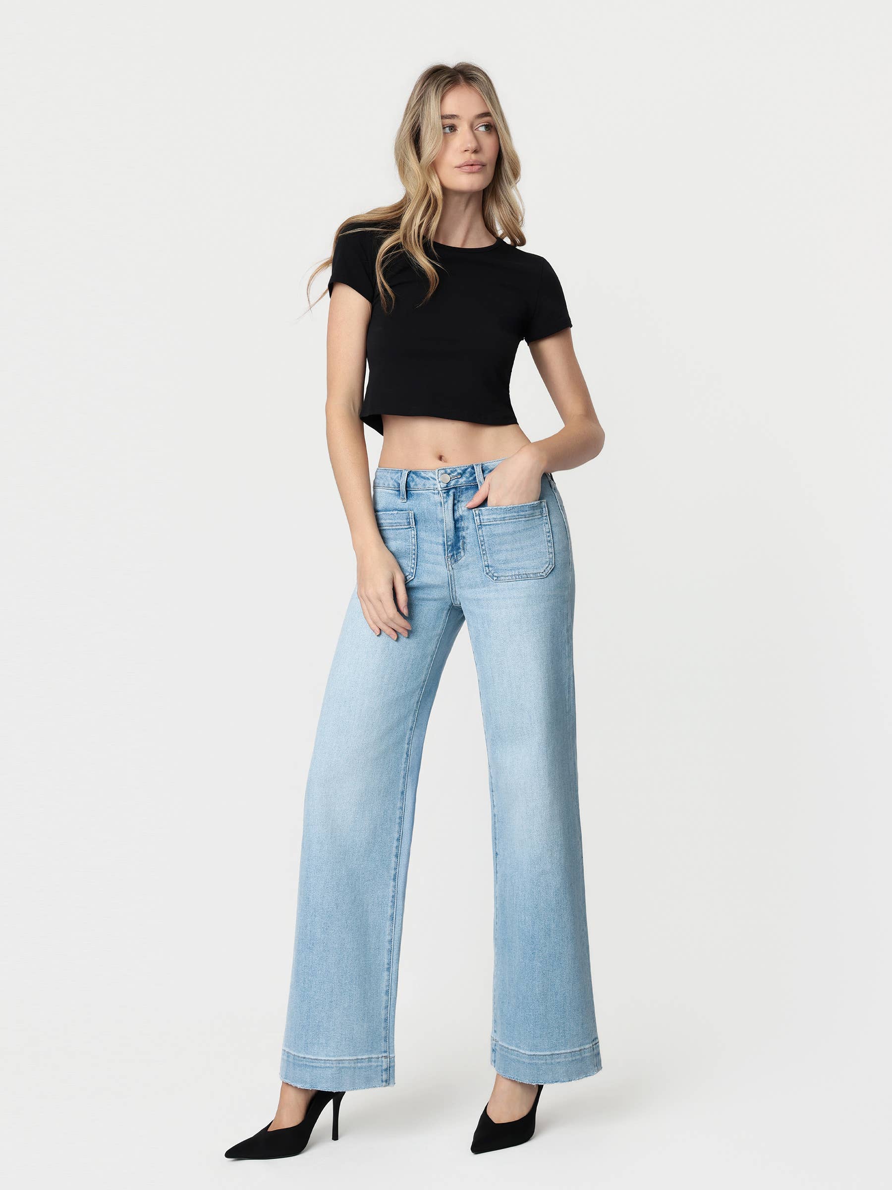 Flying Monkey High Rise Light Wash Trouser Hem Wide Jeans view 6