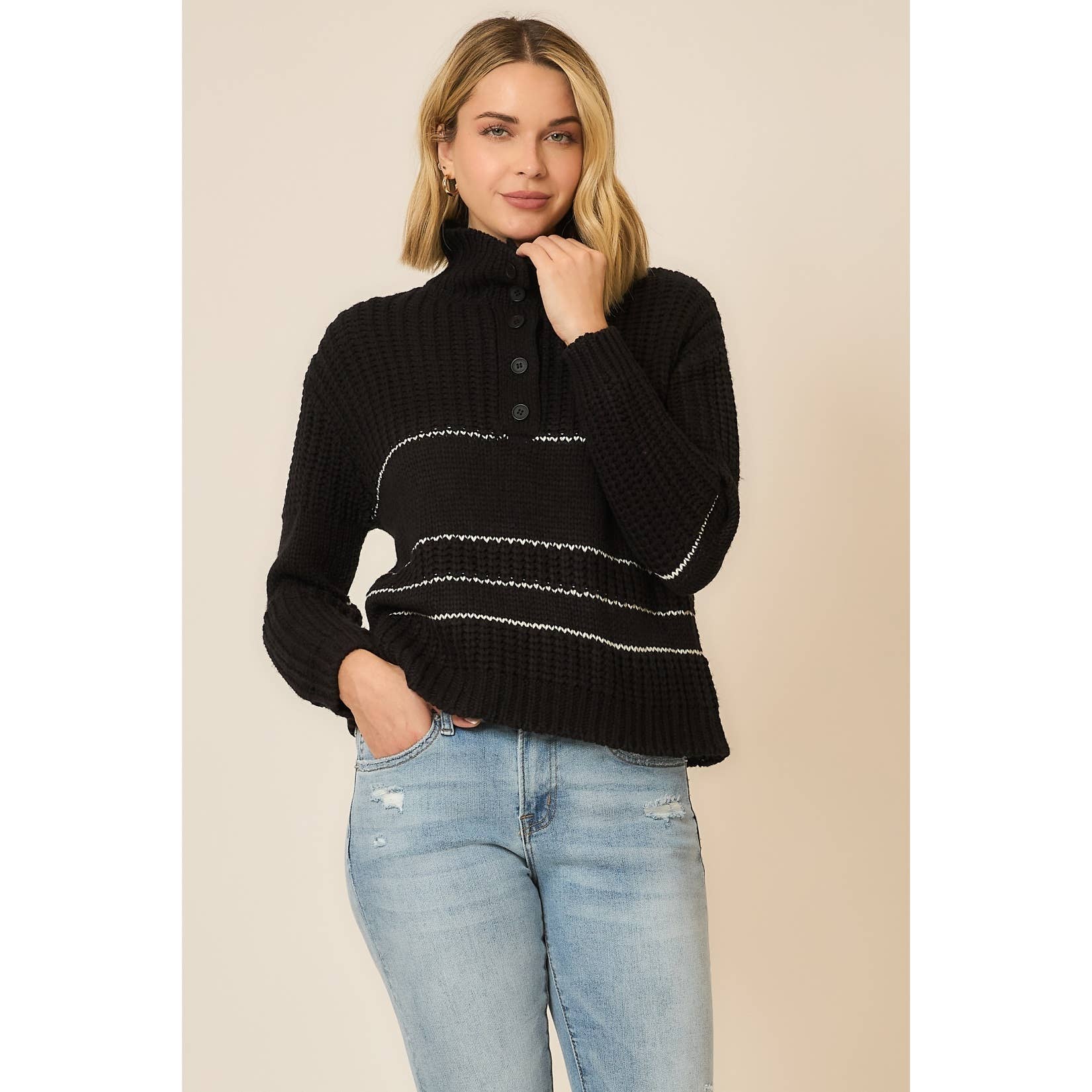 Button Up Knit Sweater with Contrast Stripes view 12