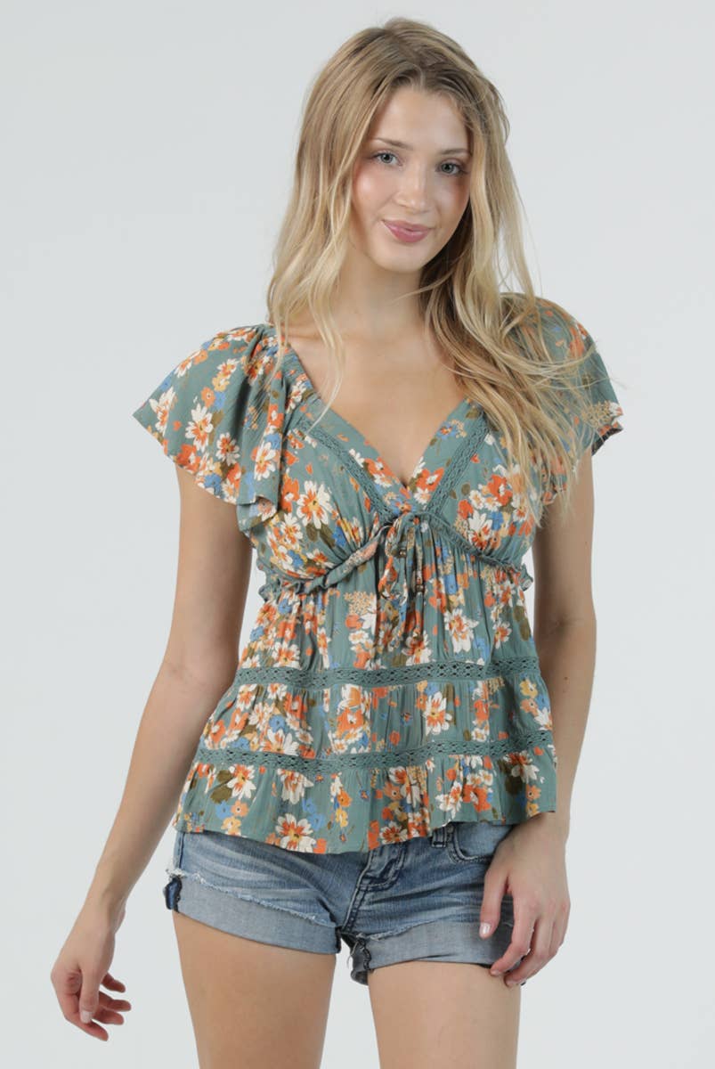 Angie Flutter Sleeve Top with Ruffle Detail and Crochet