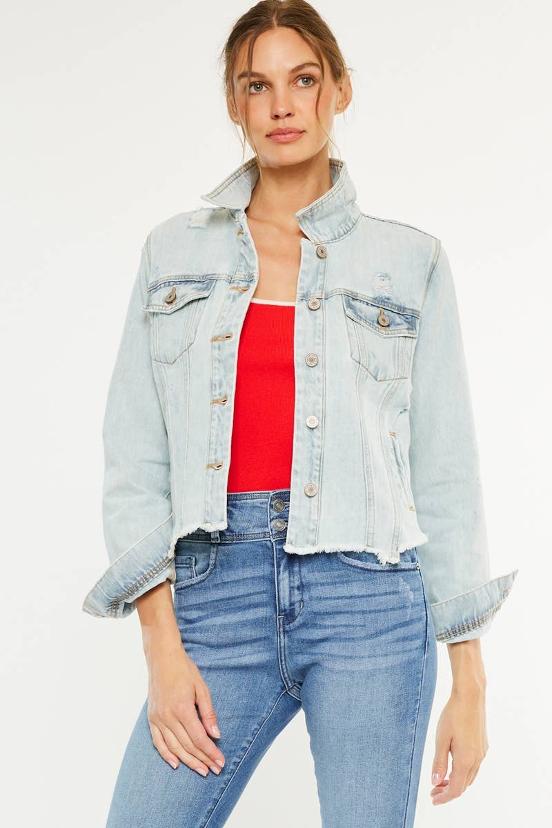Kan Can USA Distressed Fray Hem Denim Jacket