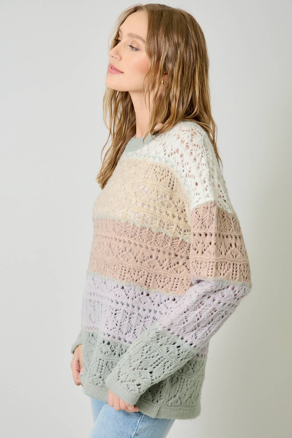 Mystree Color-Block Pointelle Sweater - Ivory Oatmeal view 4