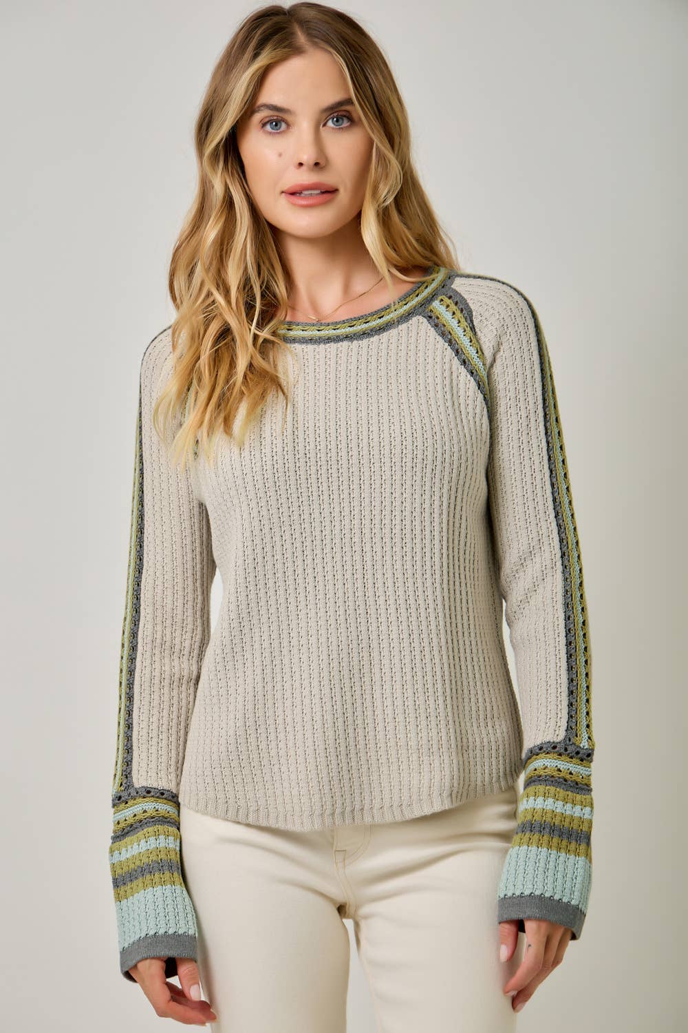 Mystree Raglan-Sleeve Sweater Top - Stone