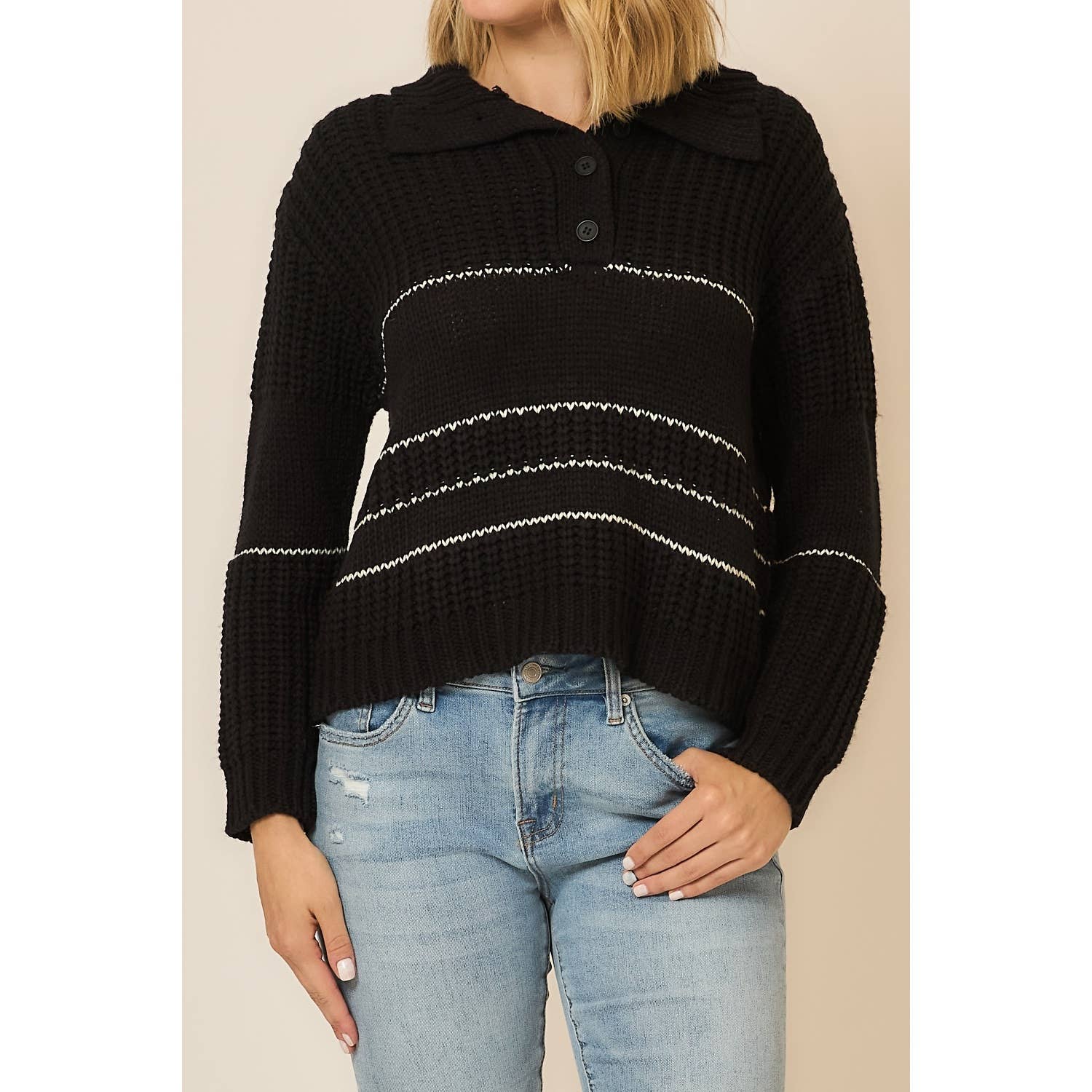 Button Up Knit Sweater with Contrast Stripes view 11