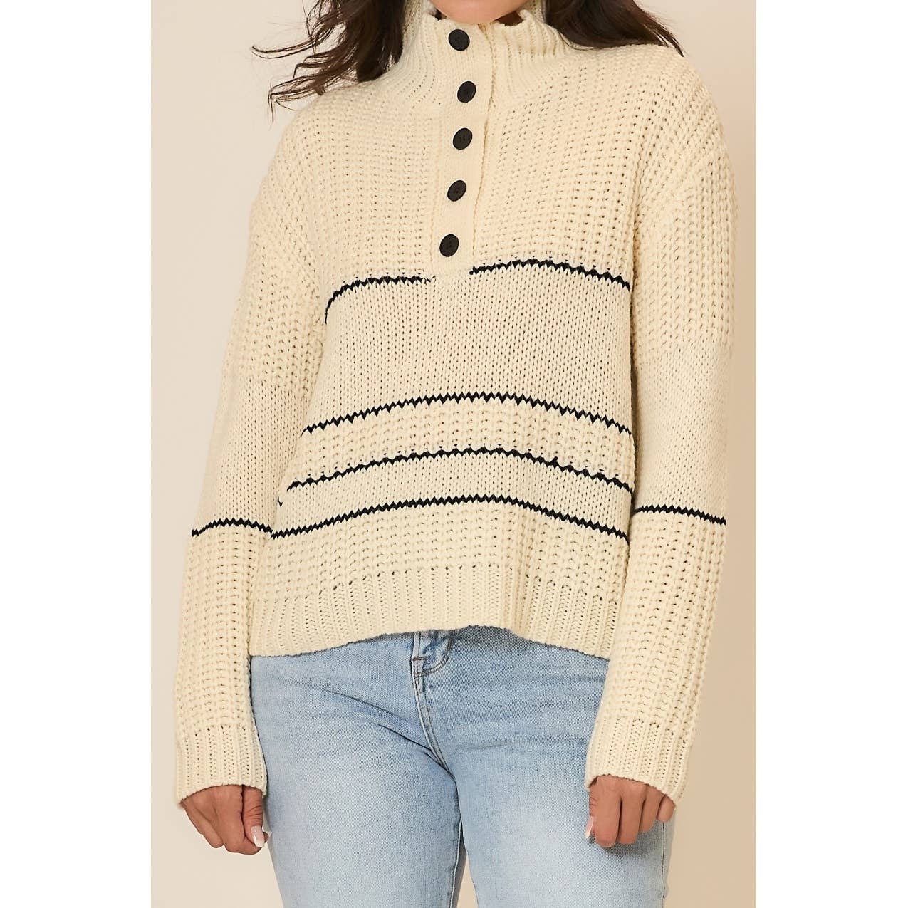 Button Up Knit Sweater with Contrast Stripes view 6