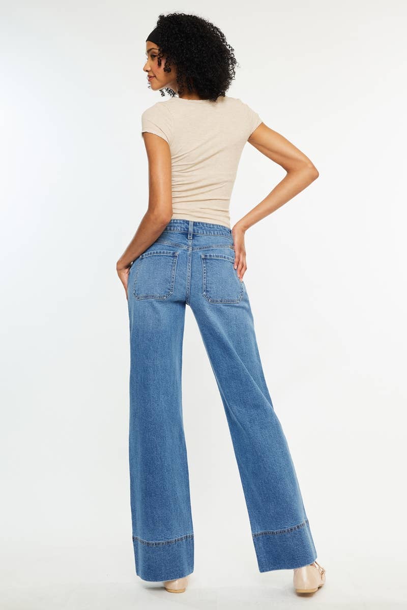 Kan Can USA Women's Wide Leg Jeans - Mid Rise Stretch Denim - Med Dark view 4