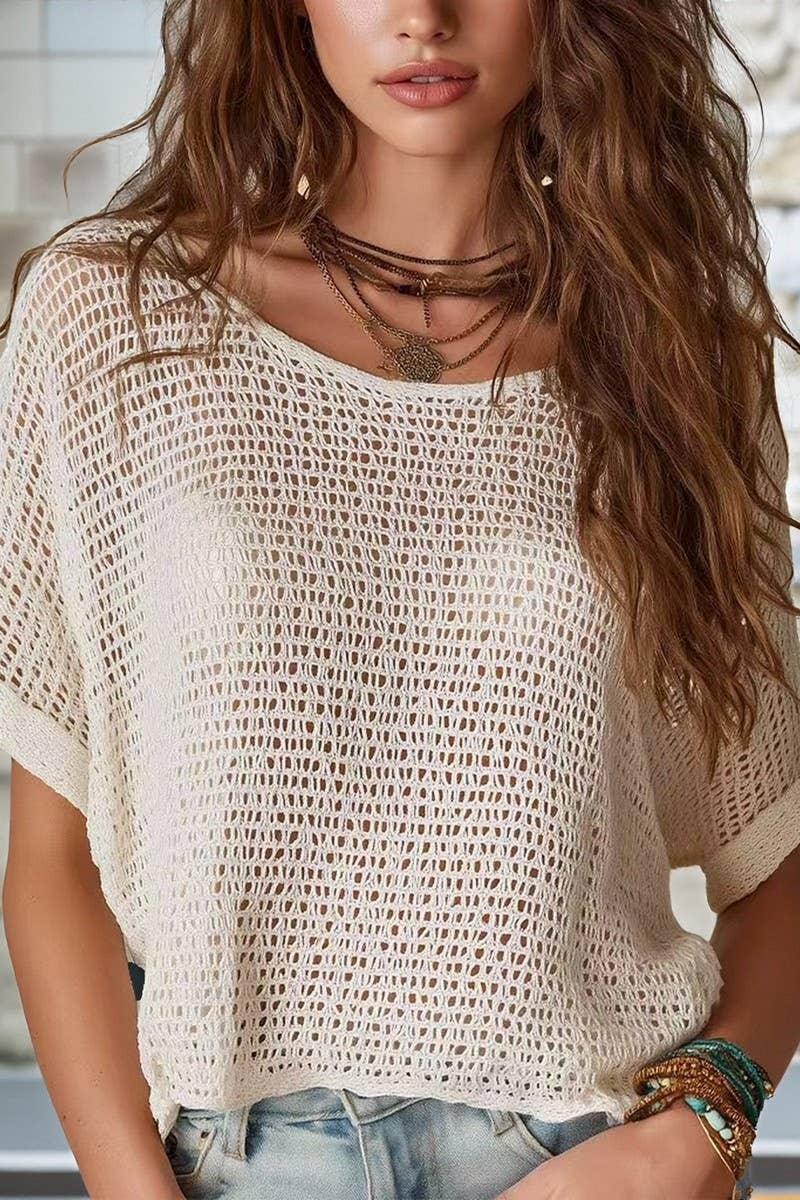 NINEXIS Women's Boho Crochet Knit Short Sleeve Sweater
