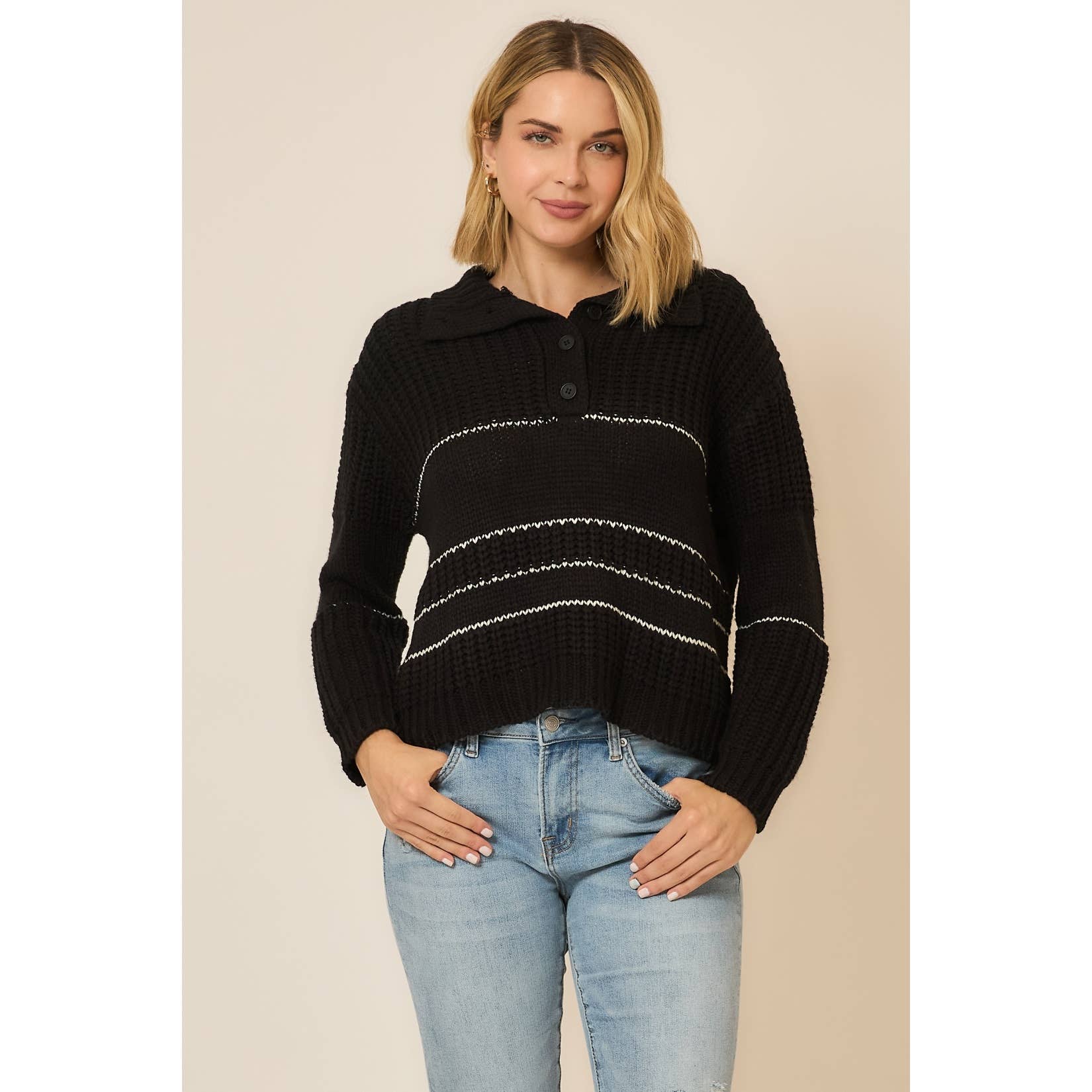 Button Up Knit Sweater with Contrast Stripes