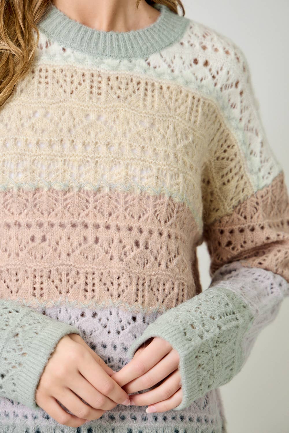 Mystree Color-Block Pointelle Sweater - Ivory Oatmeal view 8