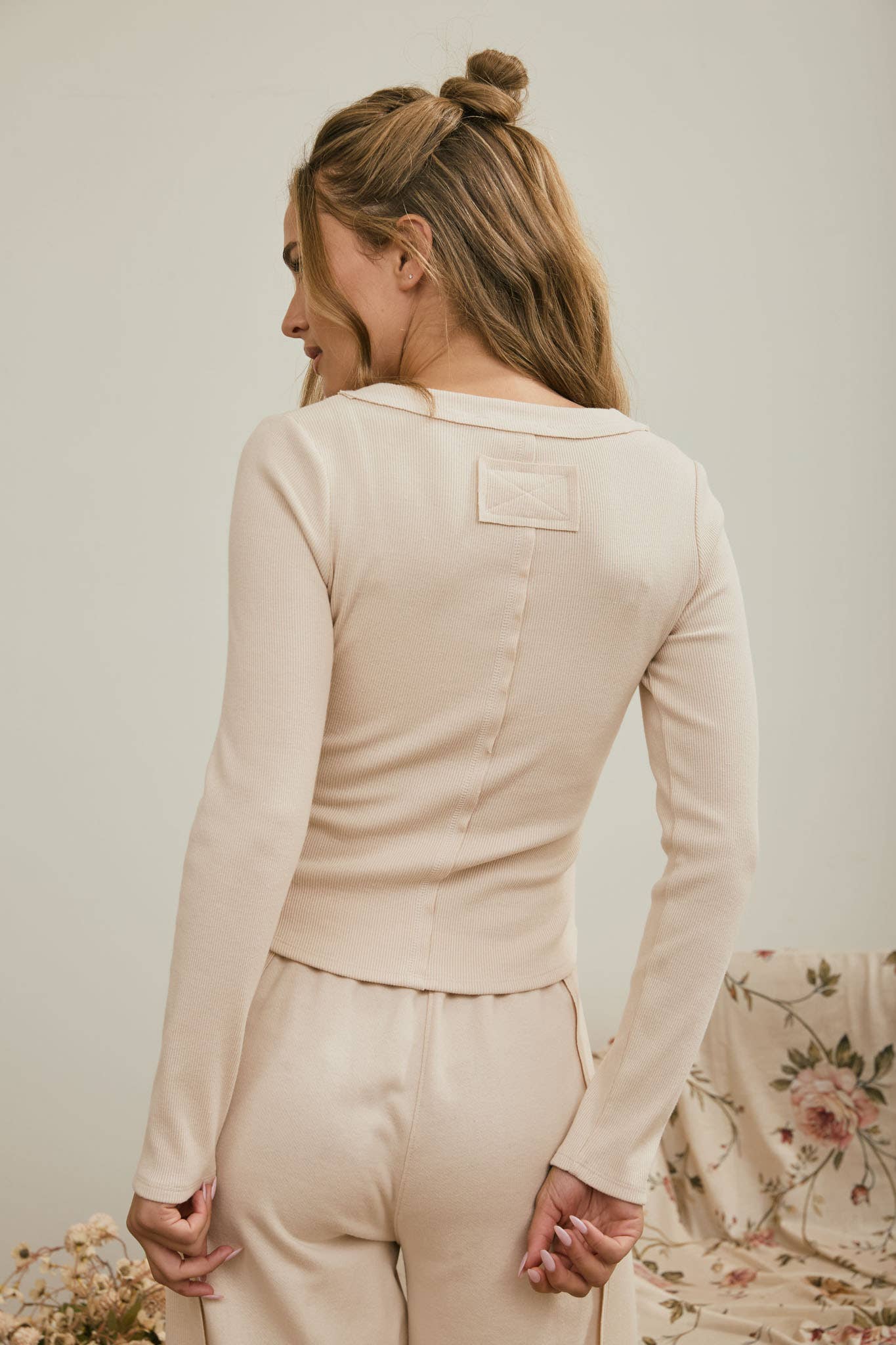 Blu Pepper - Fitted Long Sleeve Ribbed Henley Knit Top view 2