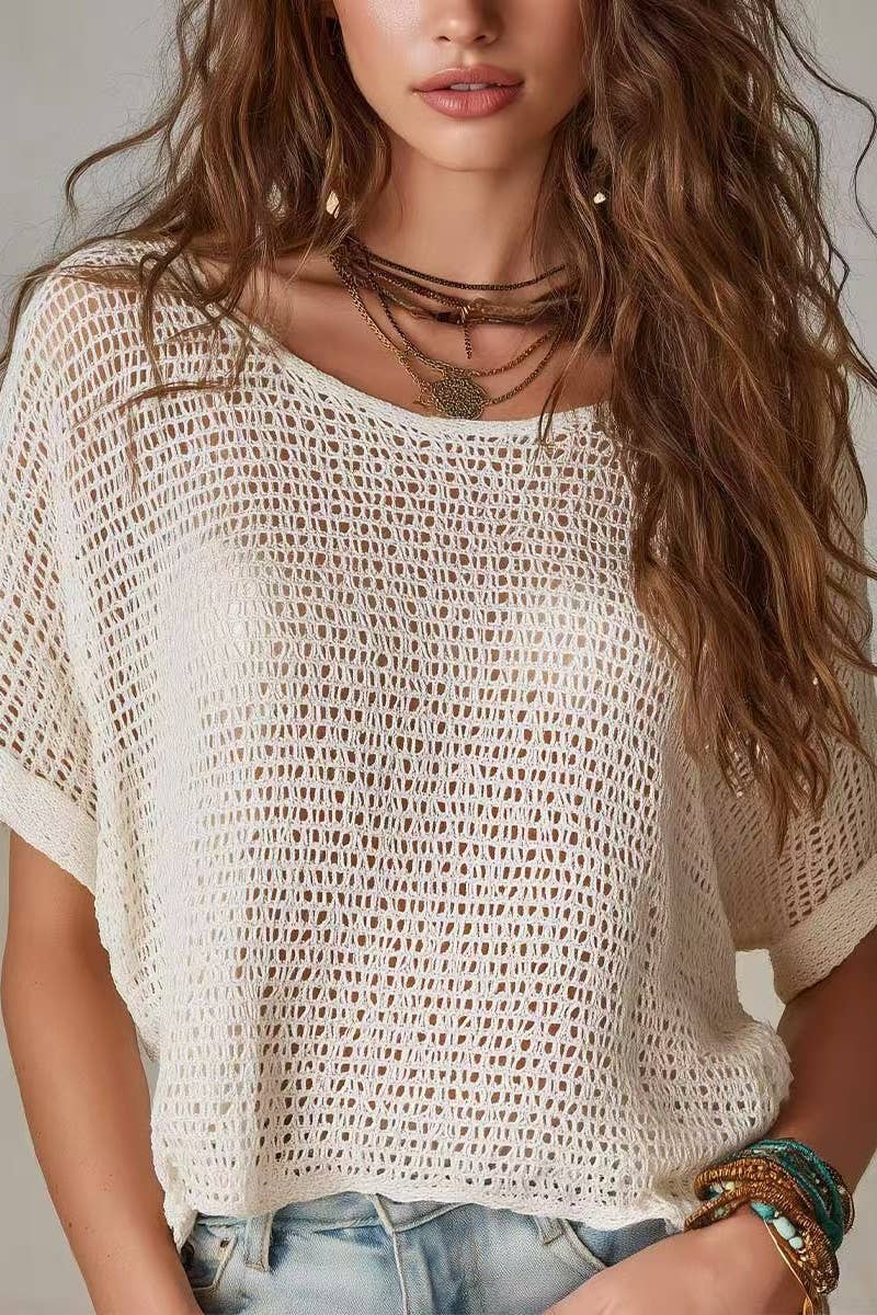 NINEXIS Women's Boho Crochet Knit Short Sleeve Sweater view 3