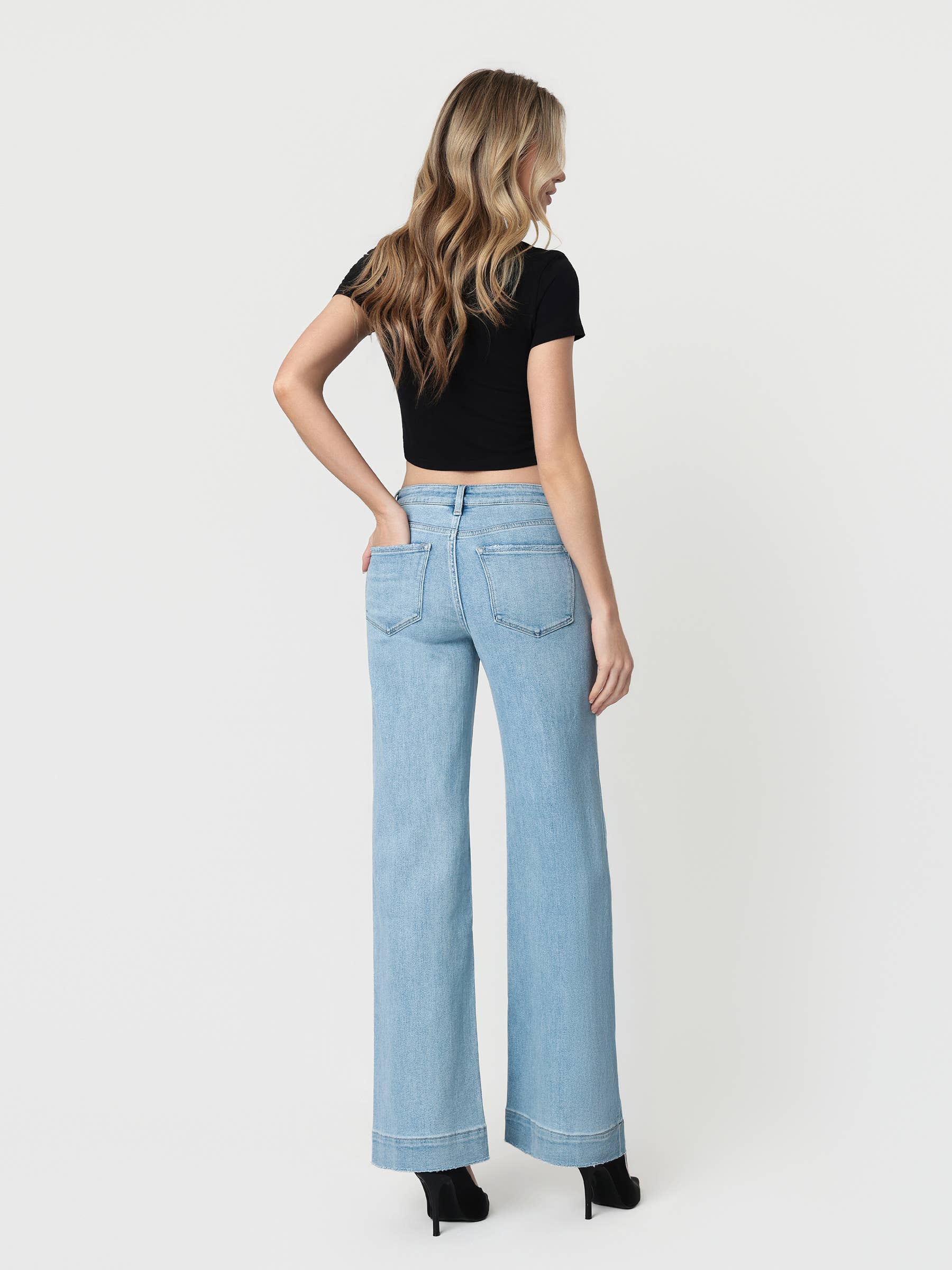 Flying Monkey High Rise Light Wash Trouser Hem Wide Jeans view 5