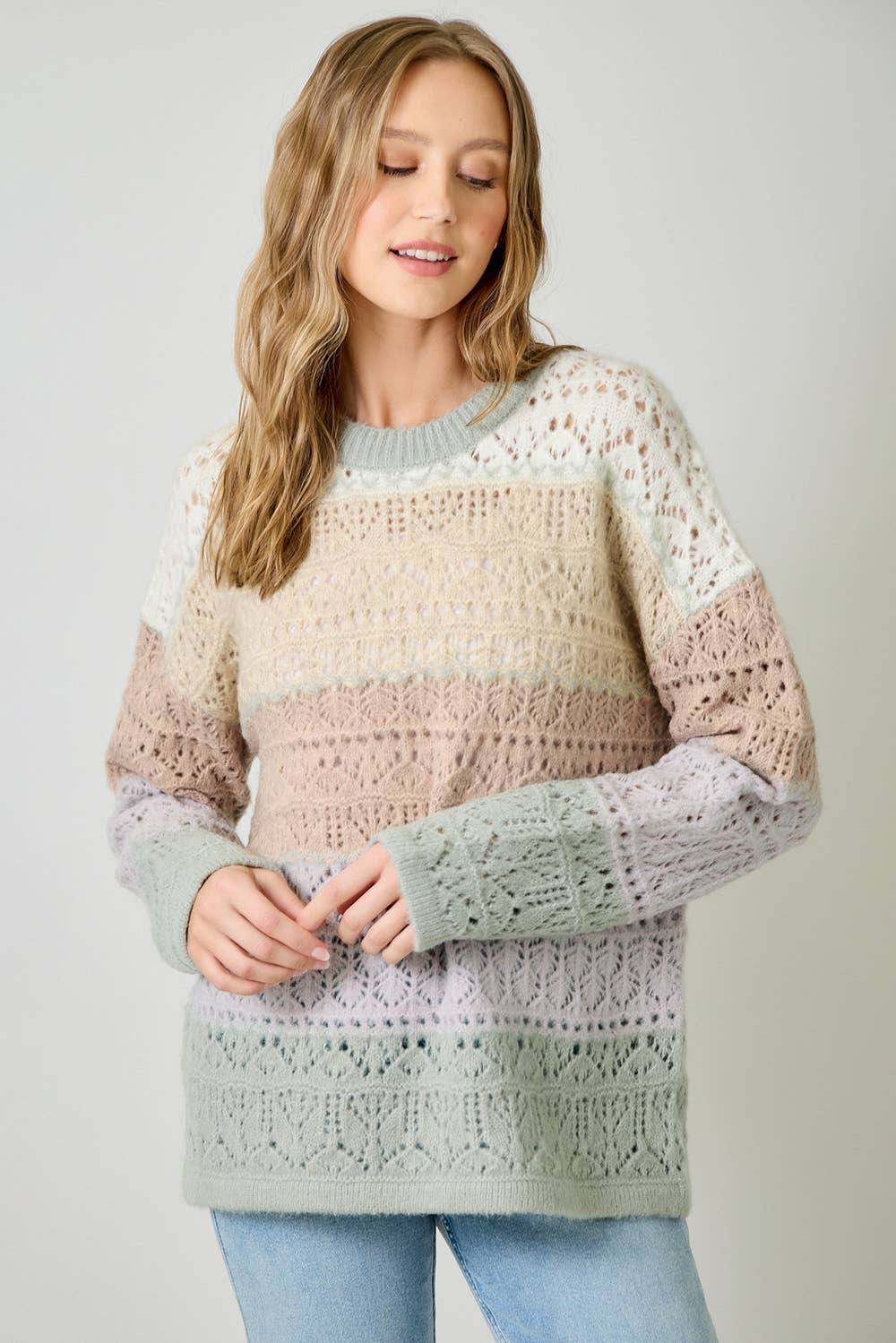 Mystree Color-Block Pointelle Sweater - Ivory Oatmeal view 3