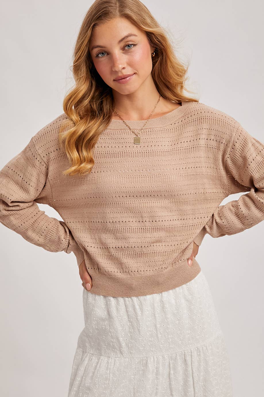 Bluivy Open Knit Long Sleeve Pullover Top view 3