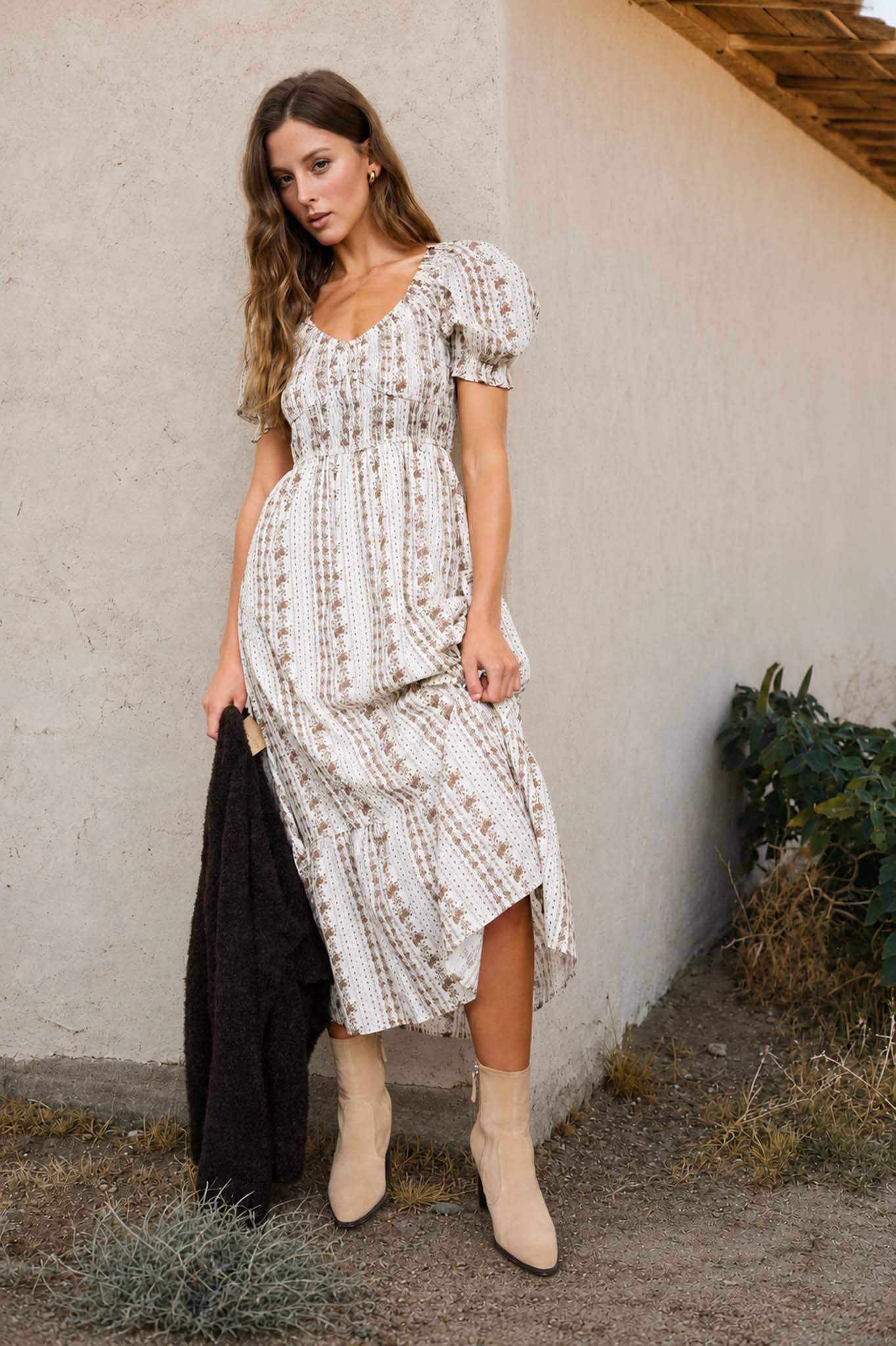 Blu Pepper - Floral Stripe Puff Sleeve Ruffled Midi Dress