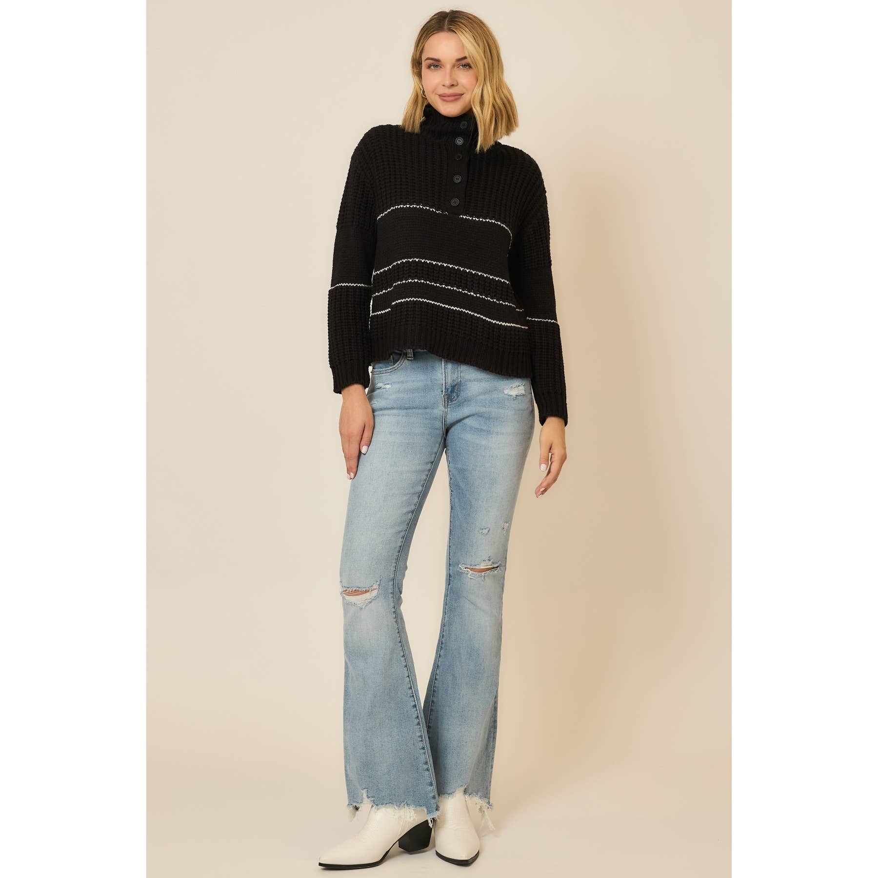 Button Up Knit Sweater with Contrast Stripes view 9