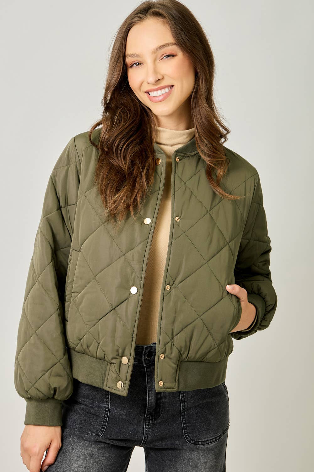 Mystree Olive Quilted Bomber Jacket