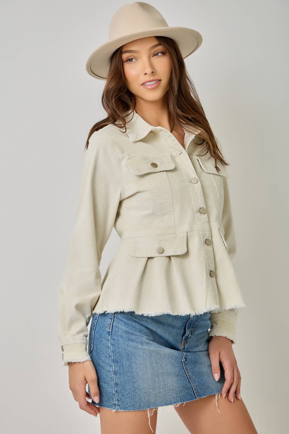 Mystree Washed Denim Peplum Jacket - Vintage Ivory view 3