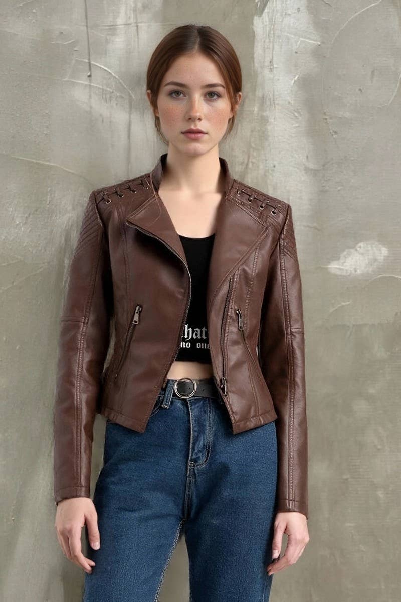 NINEXIS Women's Cropped Slim Fit Moto Leather Jacket view 2