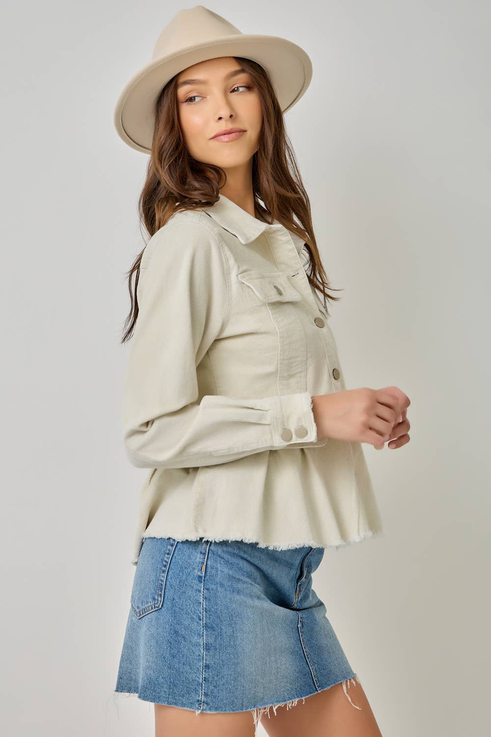 Mystree Washed Denim Peplum Jacket - Vintage Ivory view 5