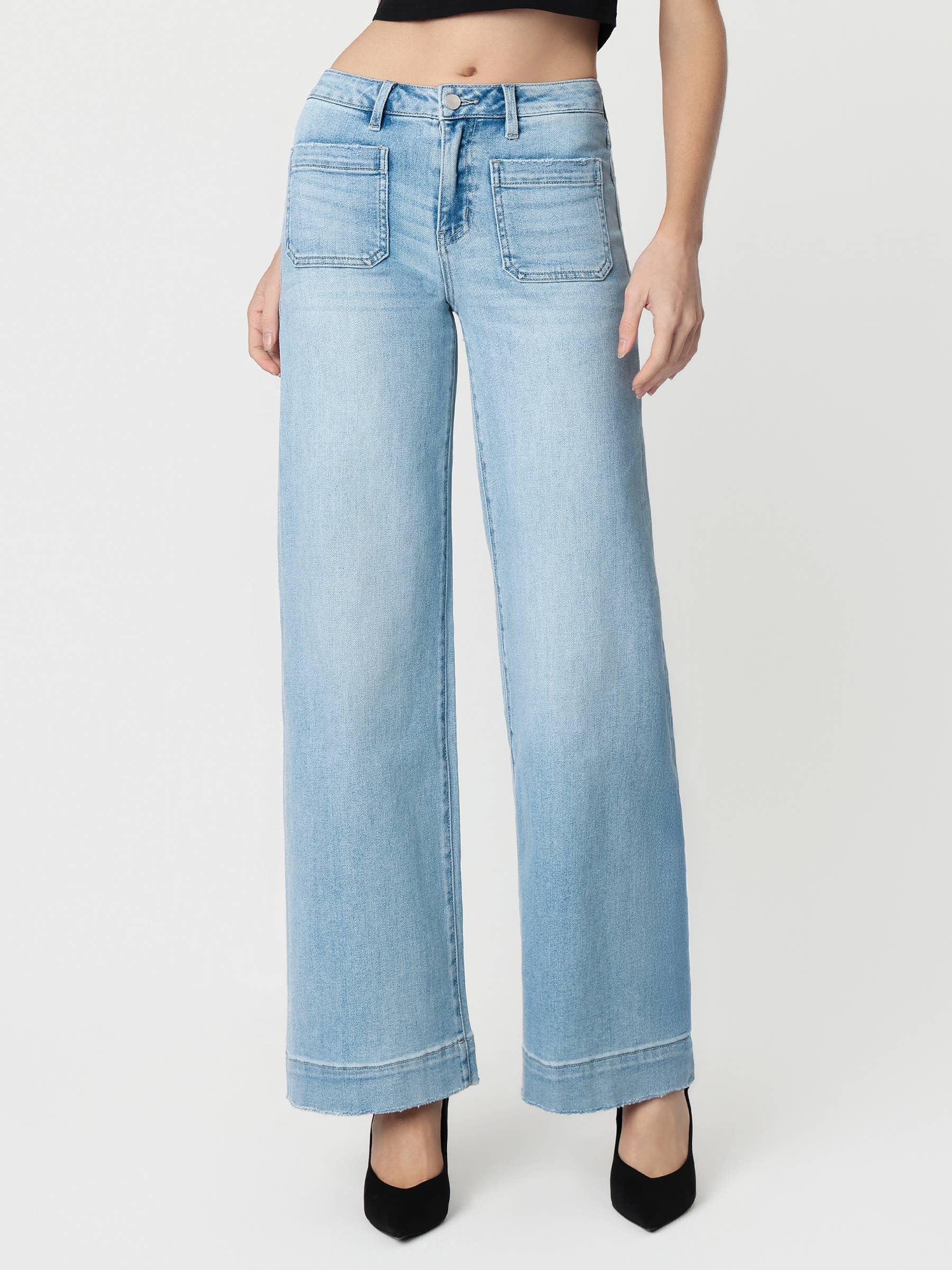 Flying Monkey High Rise Light Wash Trouser Hem Wide Jeans