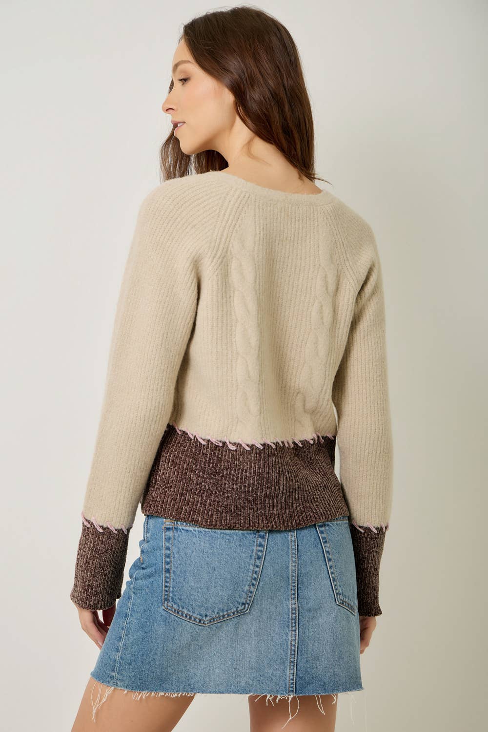 Mystree Whip-Stitch Cardigan - Oatmeal/Chocolate view 4