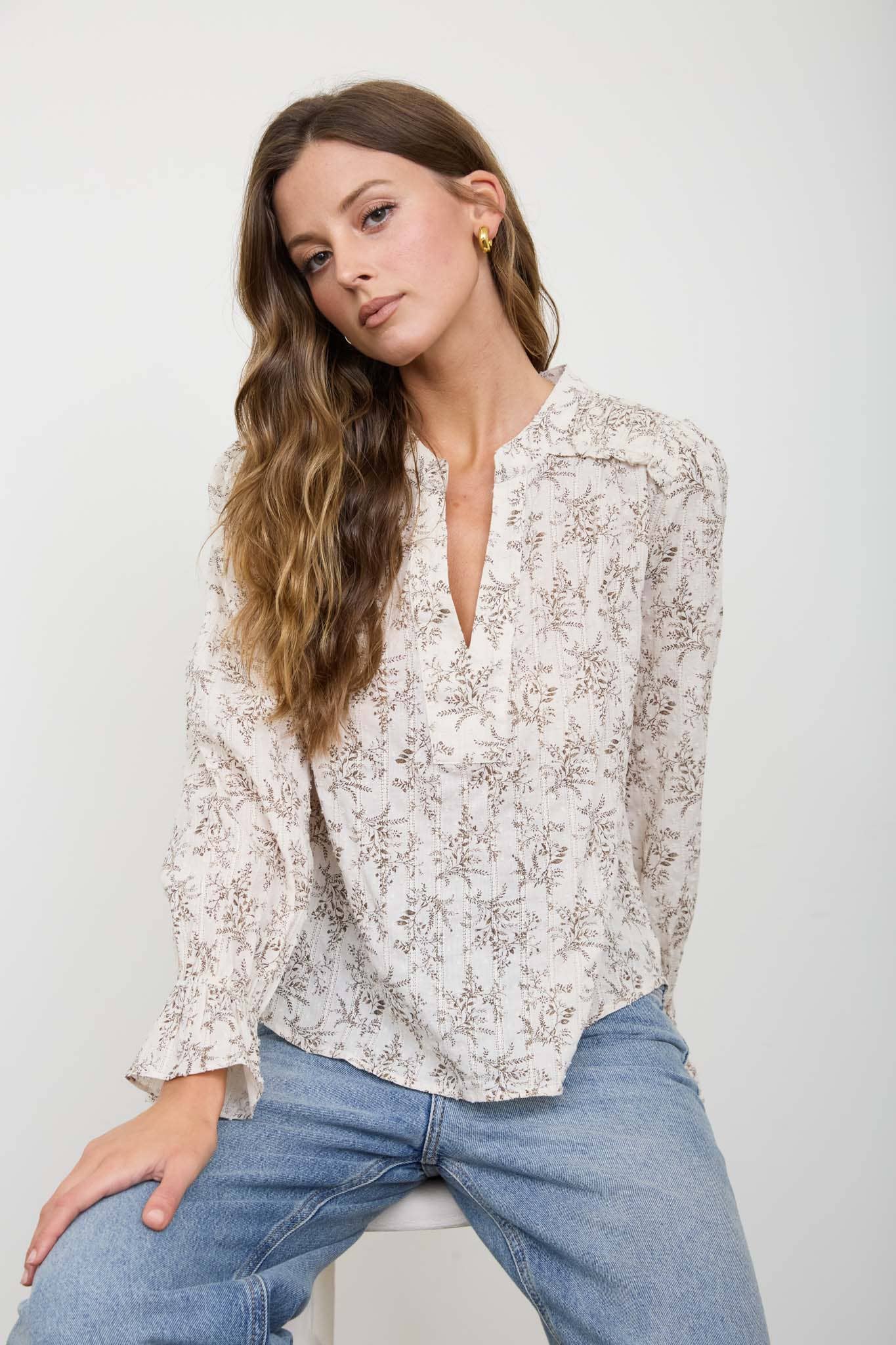 Blu Pepper - Floral Leaf Print Split Neck Long Sleeve Blouse view 4