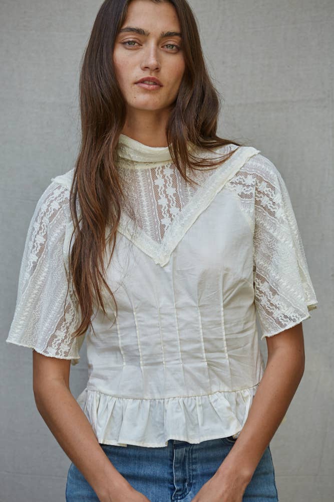 By Together - Woven Cotton Sheer Lace Mock Neck Short Sleeve Top